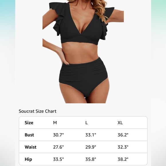 NWT Women Ruffle High Waisted Push Up Bathing suit bikini medium  black - Picture 6 of 7